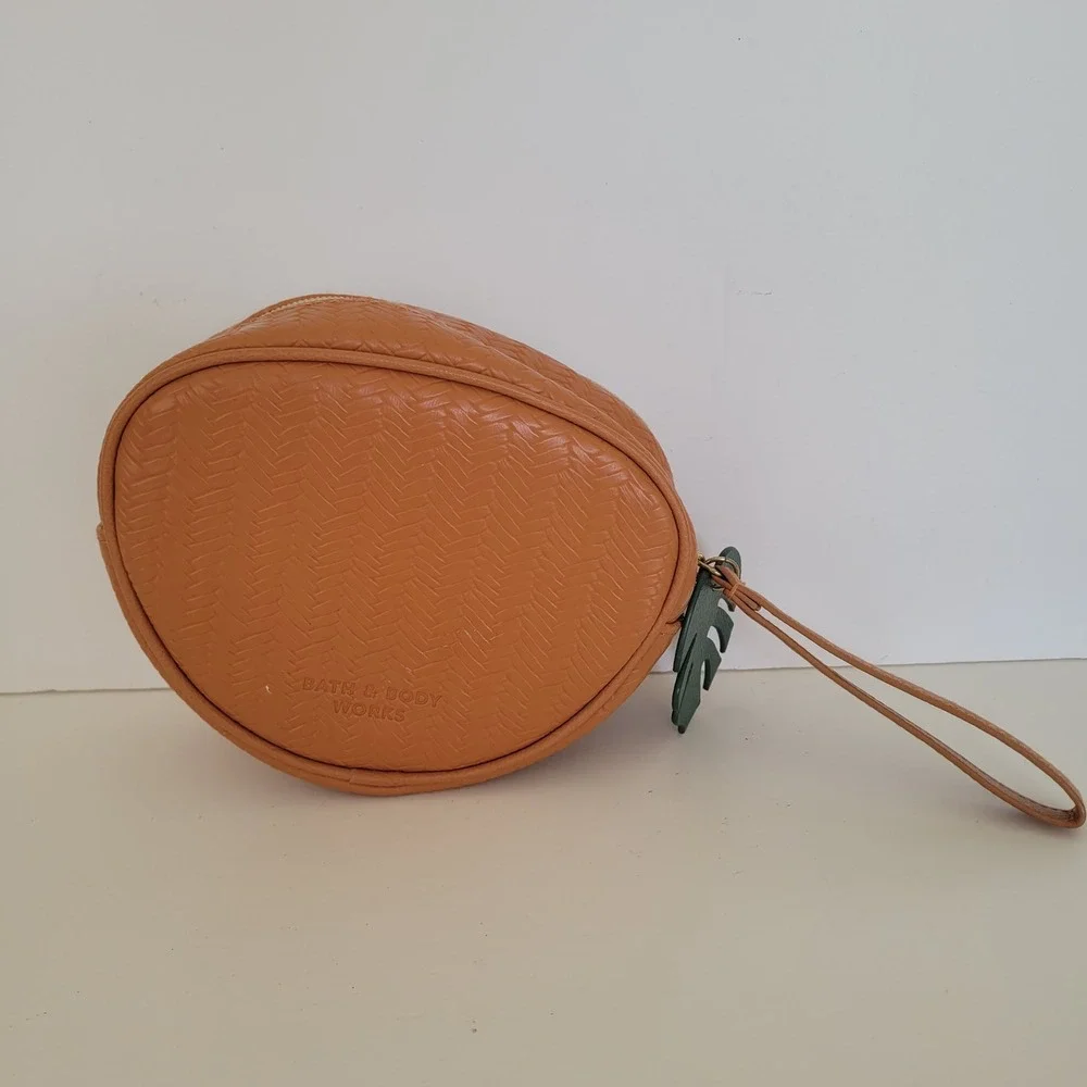 Bath & Body Works Coconut Cosmetic Bag Brown Faux Leather Wristlet Pouch Novelty